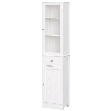 Front. Kleankin - Slim Bathroom Storage Cabinet, Tall Bathroom Cabinet, Narrow Linen Tower with Acrylic Door, Drawer and Shelves - White.
