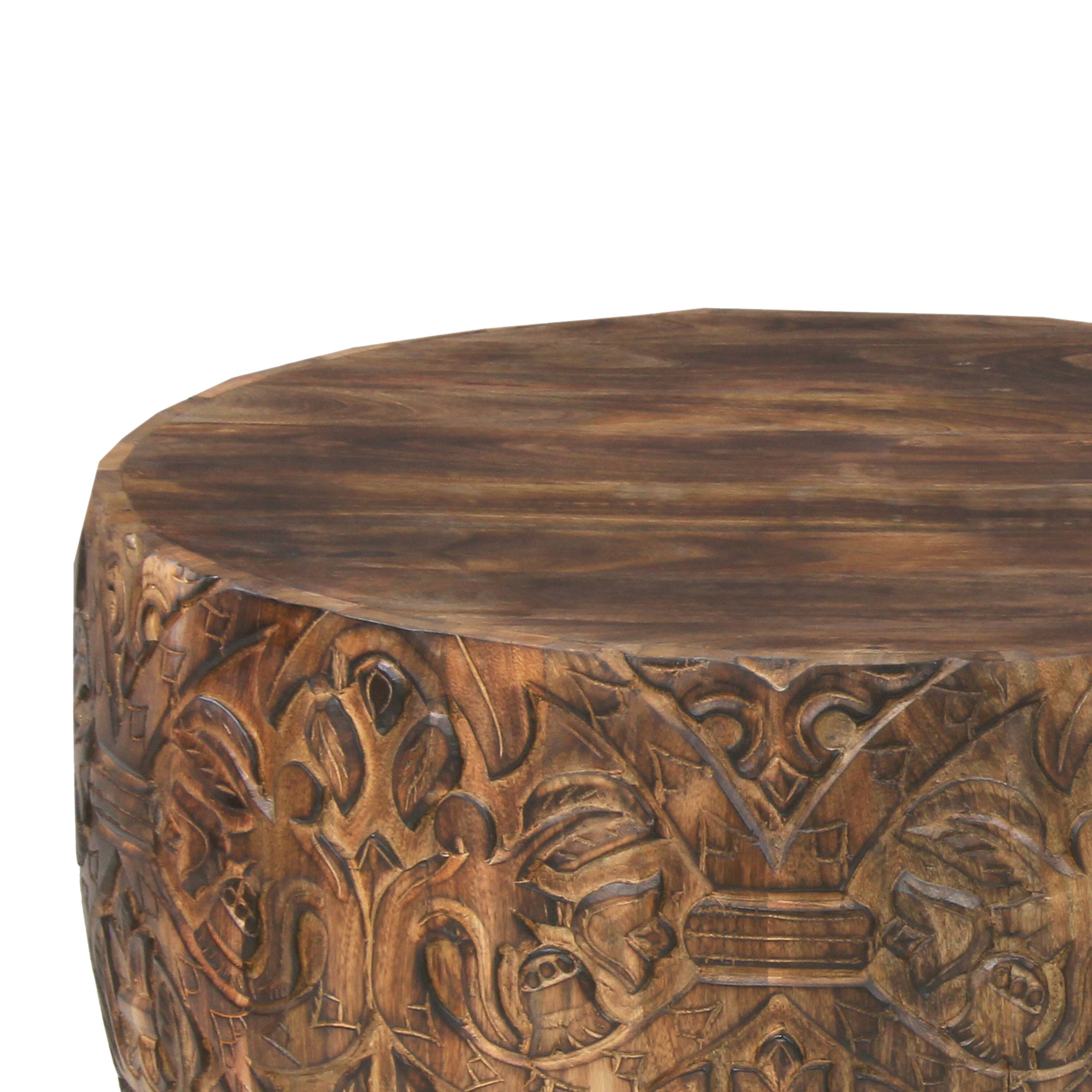 Alt View 2. Manhattan Lane - Rea 34 Inch Handcrafted Mango Wood Coffee Table, Round Drum Shape, Carved Damask Pattern - Brown.