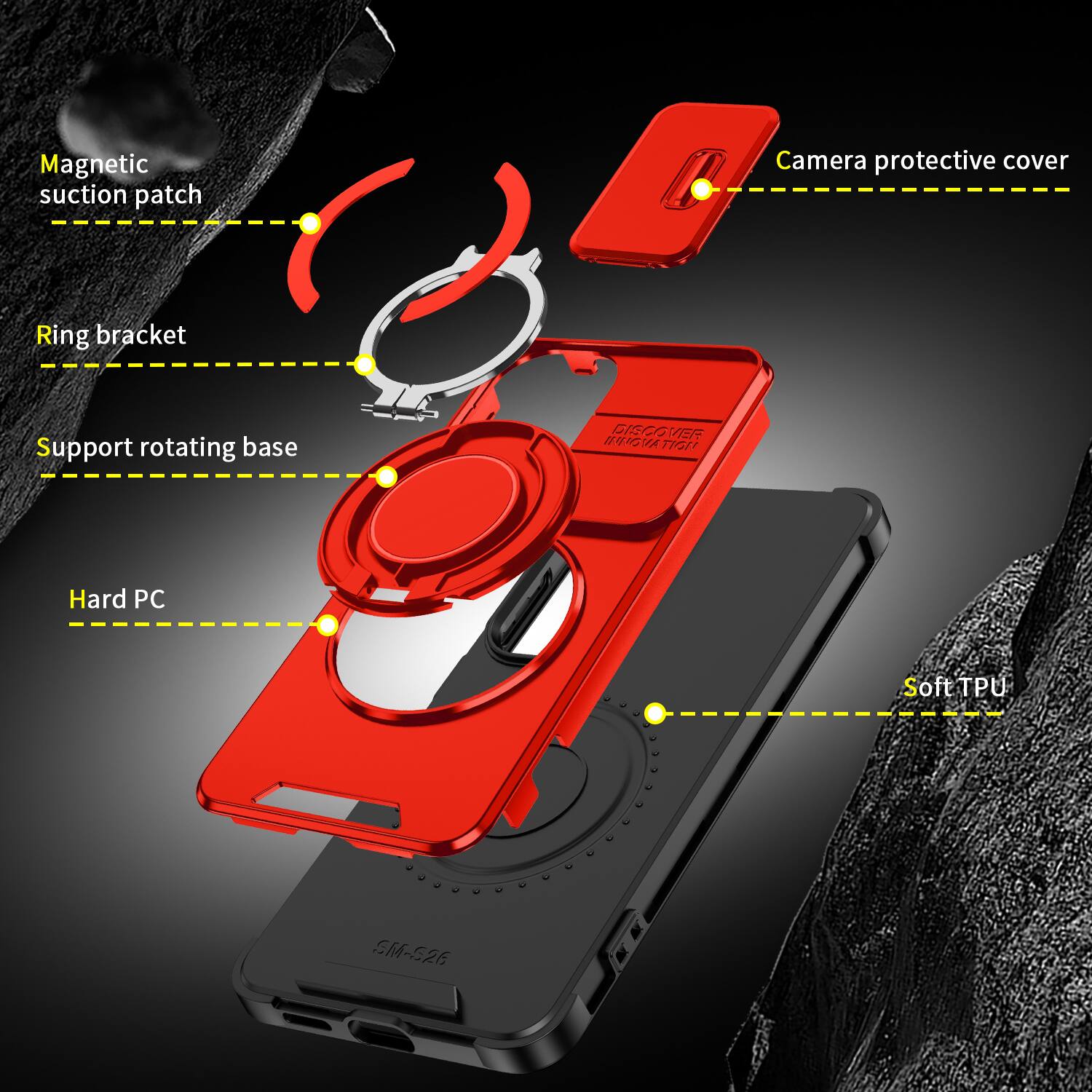 Magnetic suction patch  
Camera protective cover  
Ring bracket  
Support rotating base  
DISCOVER INNOVATION  
Hard PC  
Soft TPU  
SM-S26