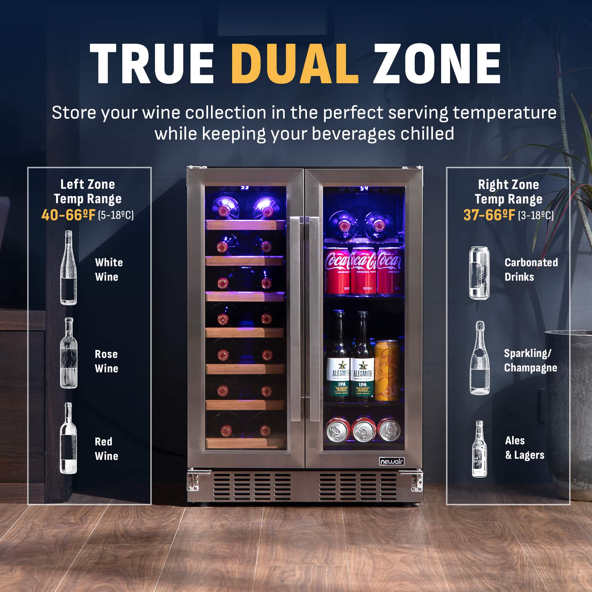 NewAir Dual Zone 24 in. Built In 20 Bottle and 78 Can Wine and