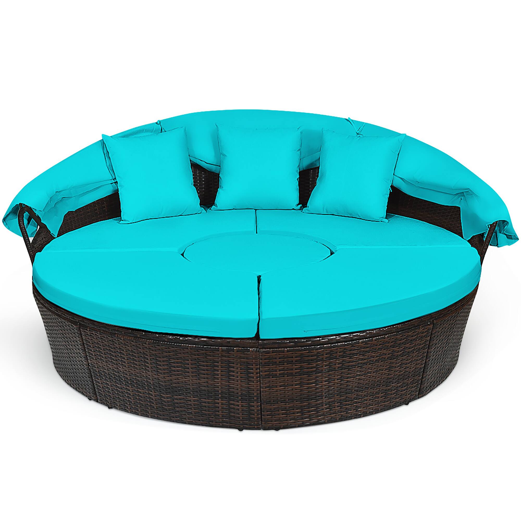 Alt View 5. Gymax - Gymax Cushioned Patio Rattan Round Daybed w/ Adjustable Table 3 Pillows Turquoise - Turquoise.