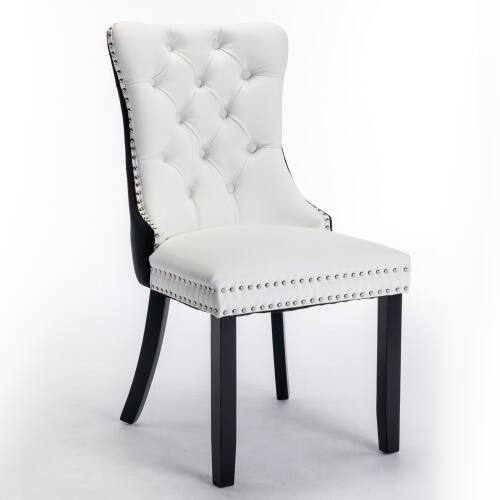 Left. LUCKY ONE - Assembled Tufted PU Velvet Dining Chair Set of 2 with Wood Legs Nailhead Trim High Back - White+Black.