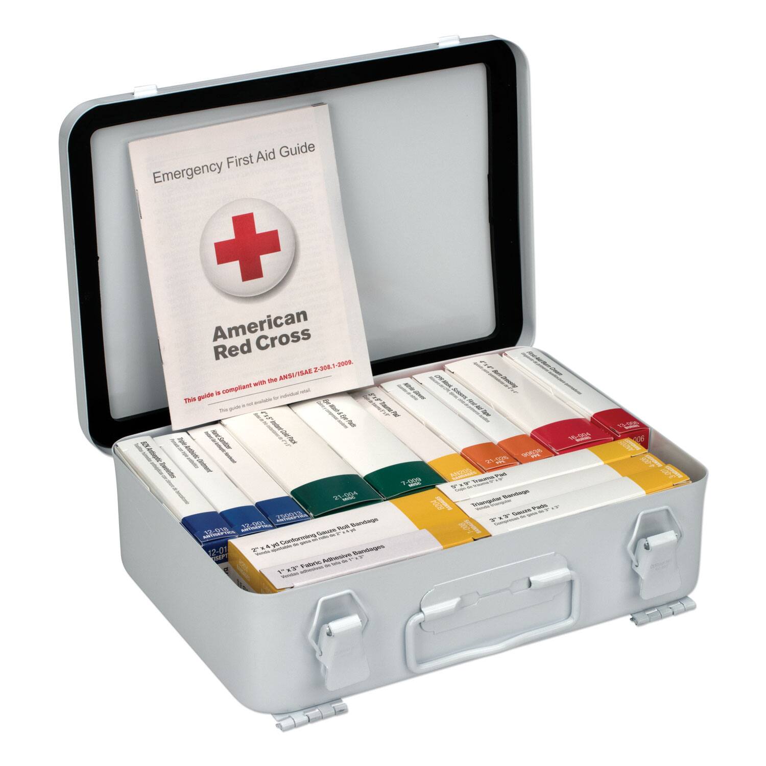Emergency First Aid Guide  
American Red Cross  
Compliant with ANSI/ISEA Z308.1-2009  

This guide is compliant with the ANSI/ISEA Z308.1-2009 standard.