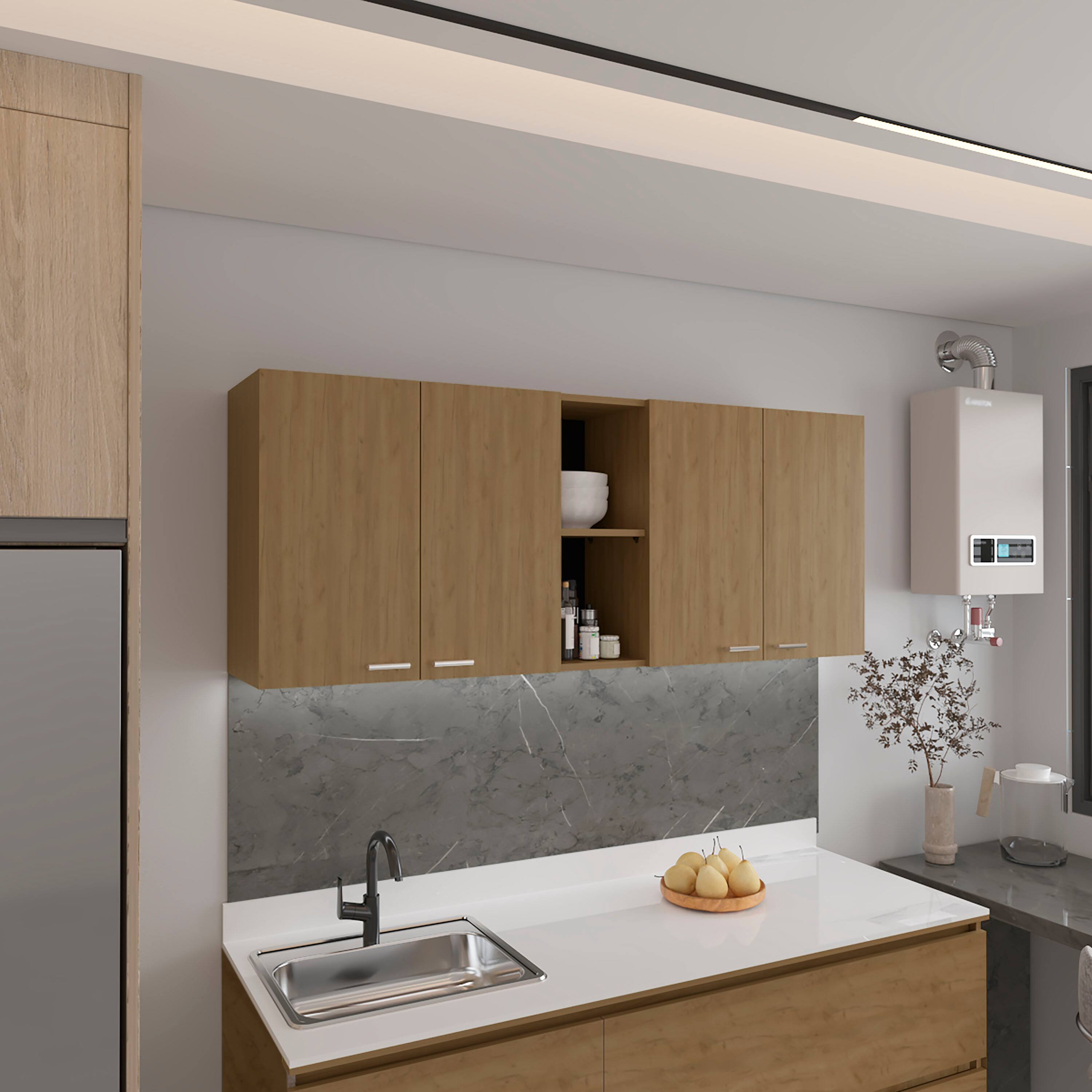 Angle. TuHome - Portofino 150 Wall Cabinet, Double Door, Two External Shelves, Two Interior Shelves, Natural Oak - Beige.