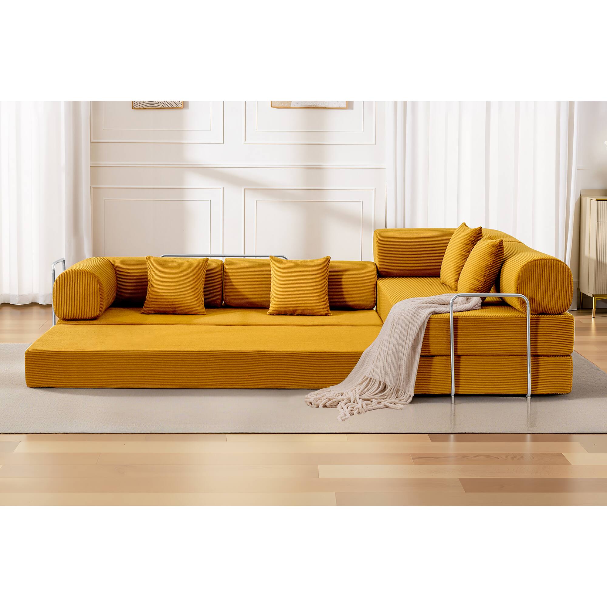 Alt View 7. KERDOM - L-Shaped Corduroy Couch Chaise Lounge, 78'' Foldable Sofa Bed 2pcs Combined, Spliced Block Modular Sectional Sponge Sofa - Ginger Yellow.
