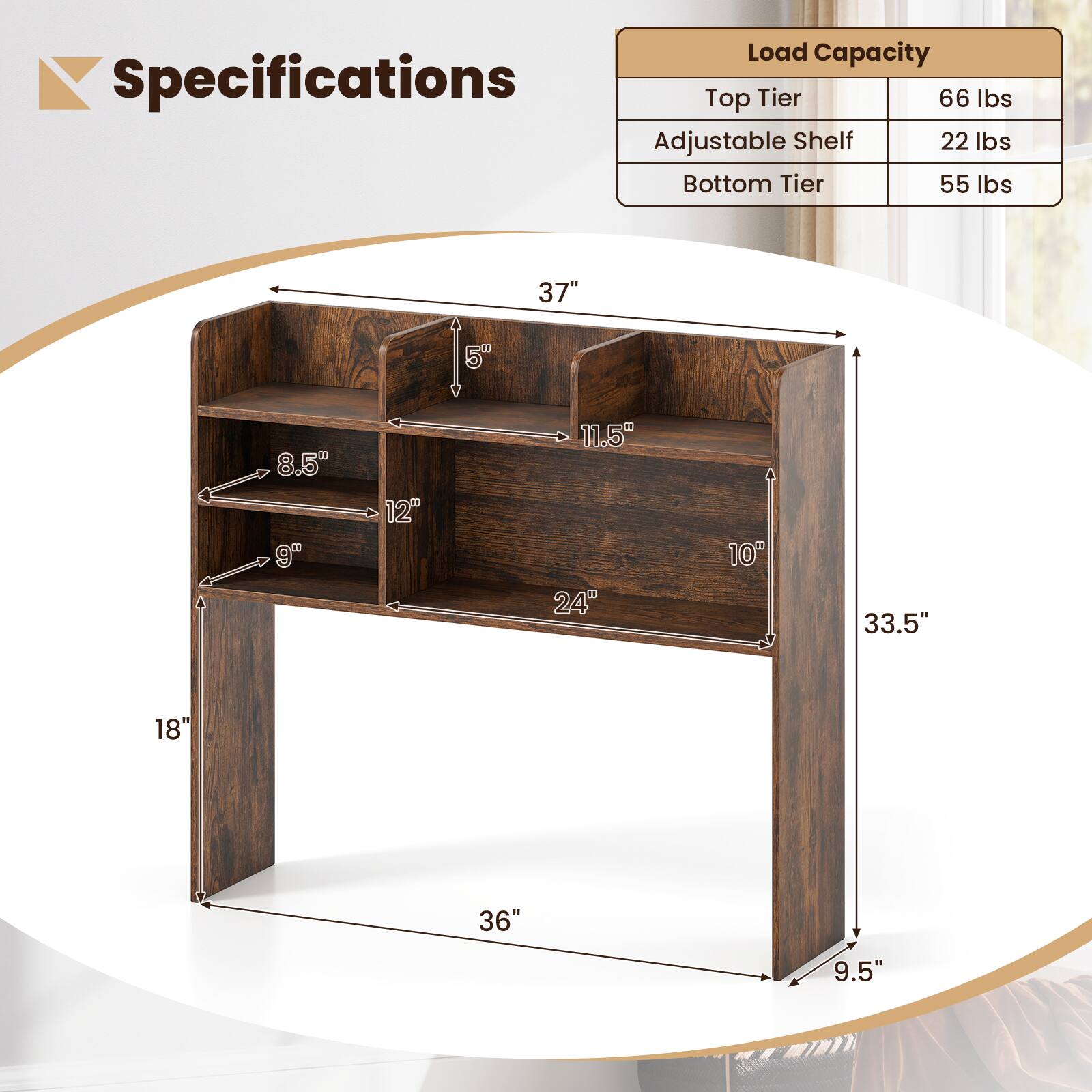 Specifications

Load Capacity
Top Tier 66 lbs
Adjustable Shelf 22 lbs
Bottom Tier 55 lbs

37"
5"
8.5"
12"
11.5"
24"
10"
33.5"
18"
36"
9.5"