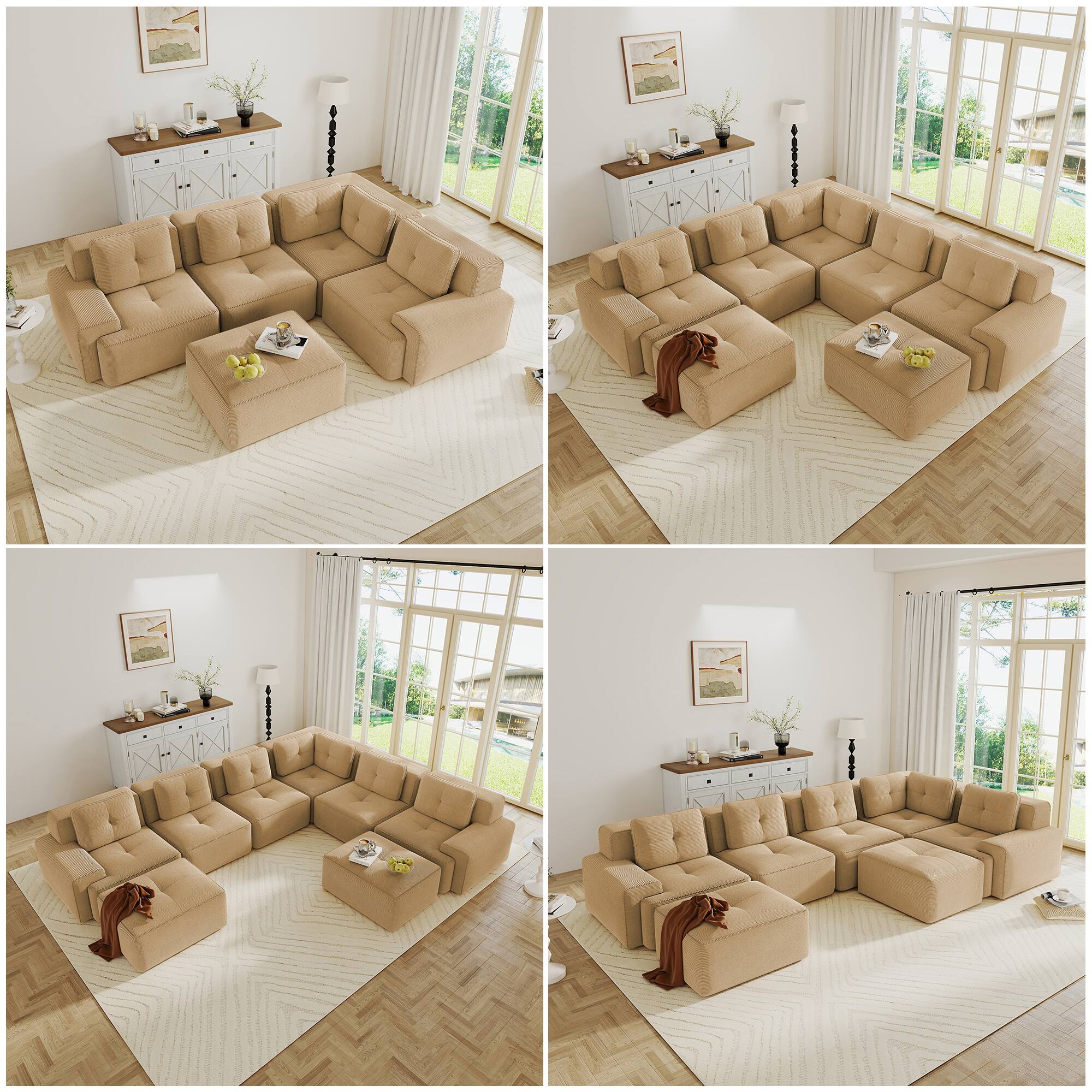 Back. Anysun - 153" U-Shape Corduroy Sectional Sofa with 2 Ottomans - 4-Seat Deep-Seat Couch, Pearl Piping, Tufted, No Assembly - Camel.