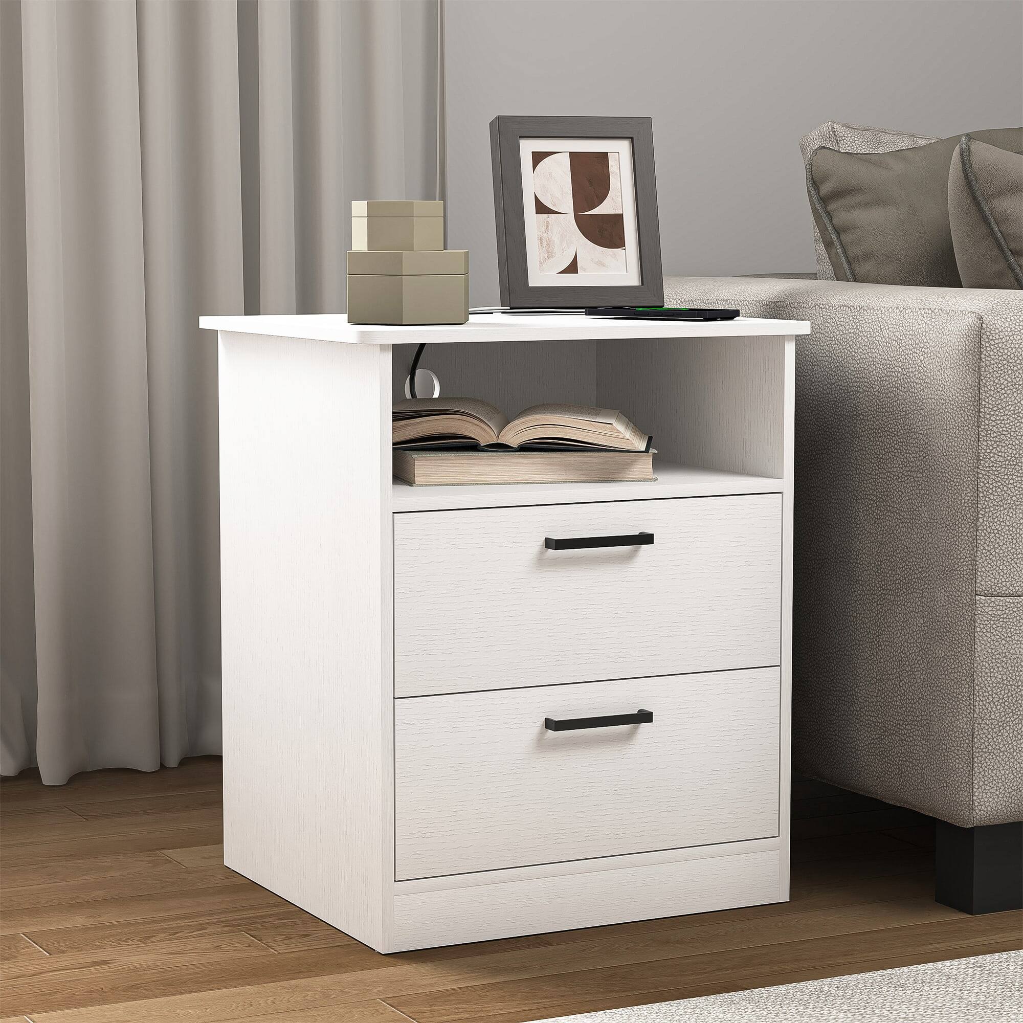 Left. Kadyn - Wood Nightstand With Charging Station, Bedside Table With 2 Drawers, Bedroom Nightstand - White.