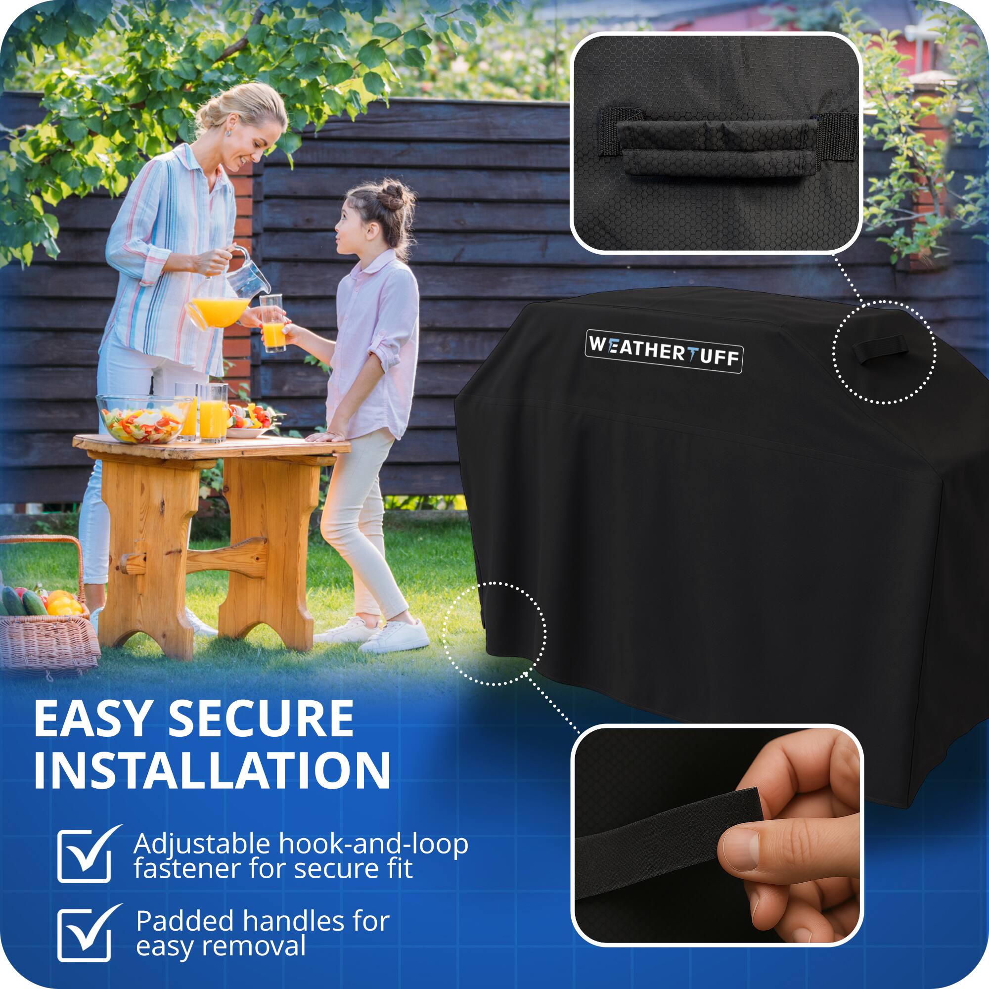 EASY SECURE INSTALLATION

Adjustable hook-and-loop fastener for secure fit

Padded handles for easy removal