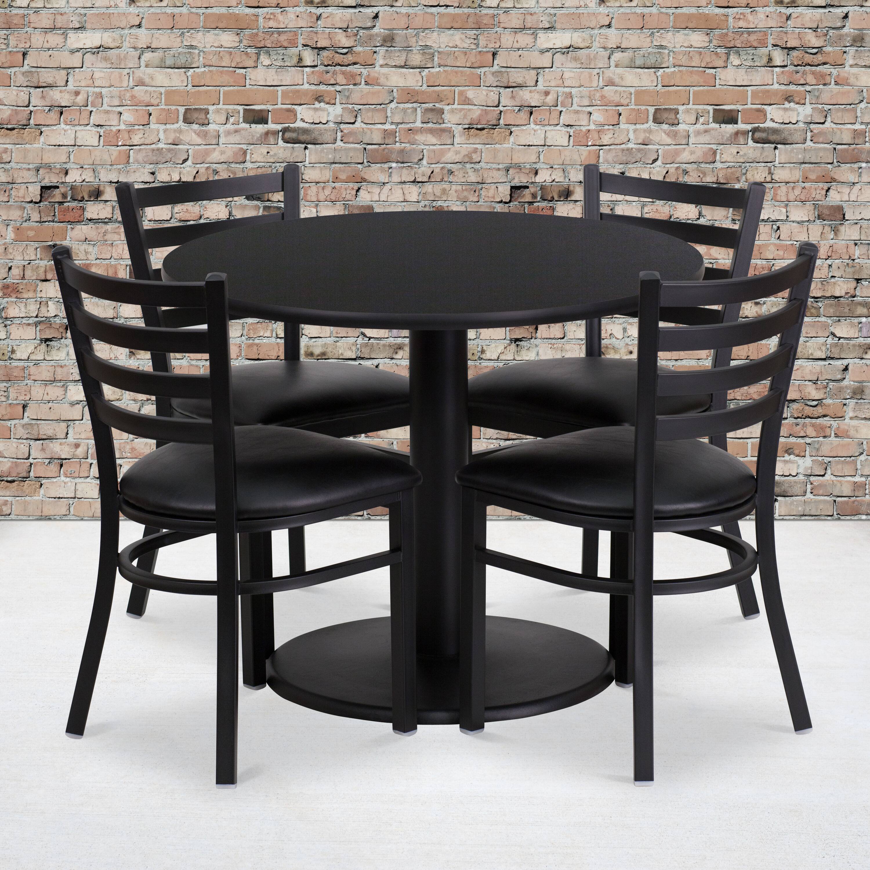 Alt View 1. Emma + Oliver - 36" Round Laminate Table Set with 4 Ladder Back Metal Chairs - Black Top/Black Vinyl Seat.