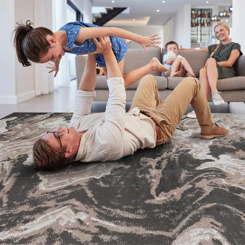 Left. HTUTWOO - 8x10 Abstract Area Rug - Power-Loomed, Stain Resistant, Non-Shedding, Kid & Pet Friendly, Cotton Backing, Living Room - Light Brown.