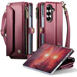 Dteck - Wallet Case for Samsung Galaxy Z Fold8 Ultra, PU Leather RFID Blocking Card Holder Kickstand Cover with Crossbody Strap - Winered