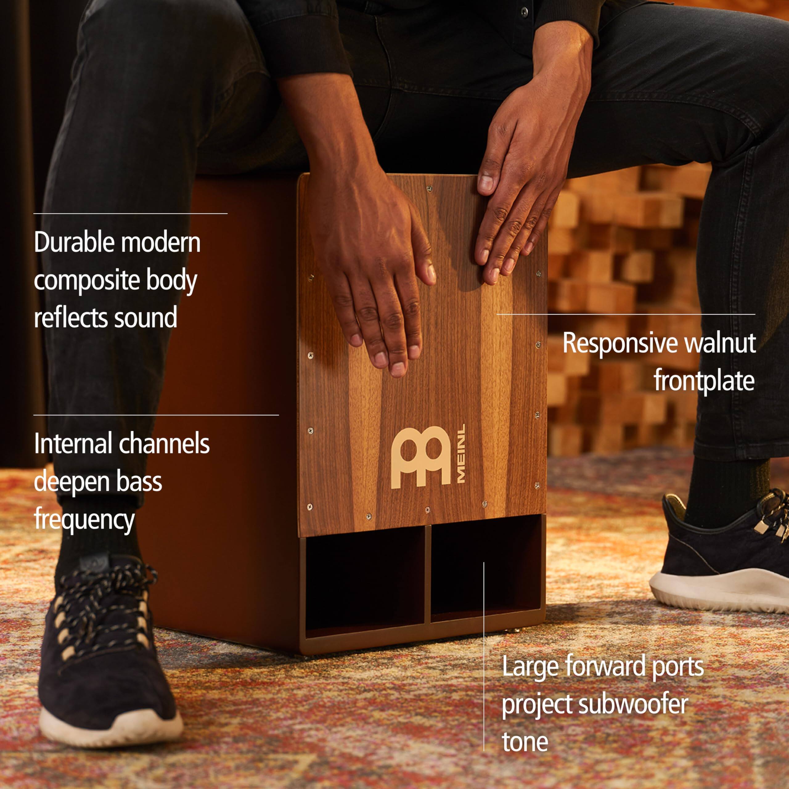 - Durable modern composite body reflects sound
- Internal channels deepen bass frequency
- Responsive walnut frontplate
- Large forward ports project subwoofer tone