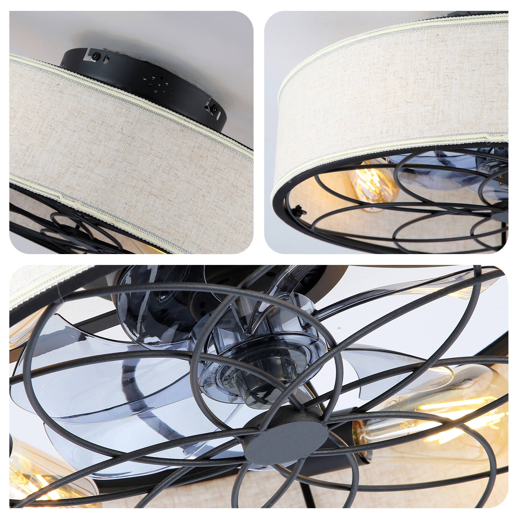 Alt View 4. Sofucor - 20" Caged Ceiling Fan With Light & Remote Low Profile Enclosed Farmhouse Bladeless Ceiling Fan Fans for Bedroom - Black 3.