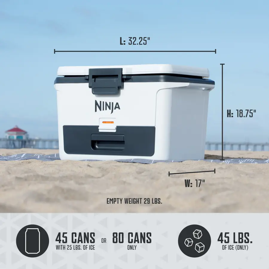 The text on the image reads:

L: 32.25"
NINJA
H: 18.75"
W: 17"
Empty Weight: 29 LBS.
45 Cans or 80 Cans with 25 LBS. of Ice (Only)