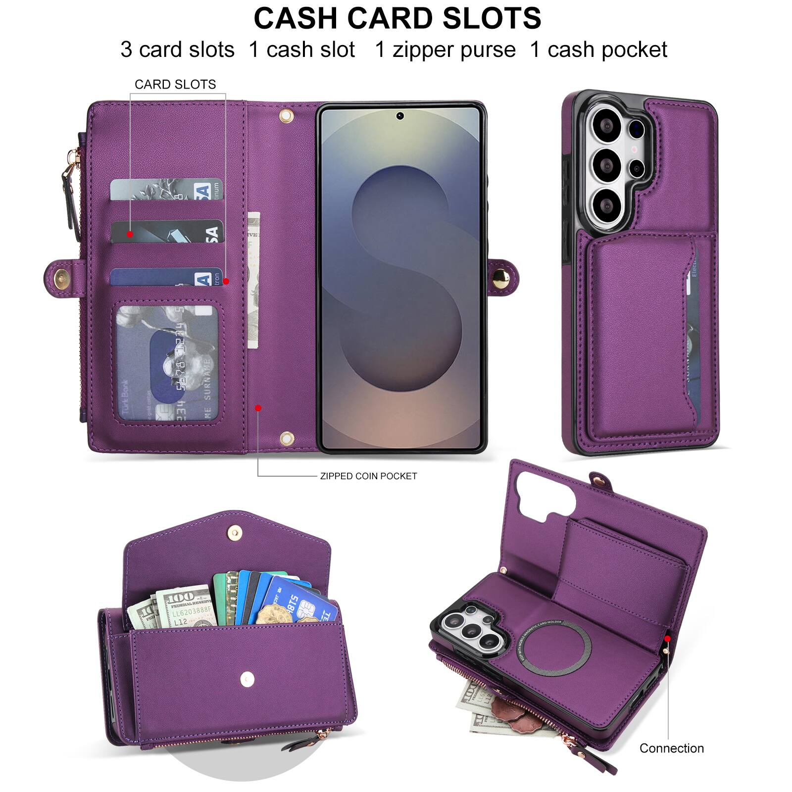 CASH CARD SLOTS  
3 card slots  
1 cash slot  
1 zipper purse  
1 cash pocket  

CARD SLOTS  

ZIPPED COIN POCKET  

Connection