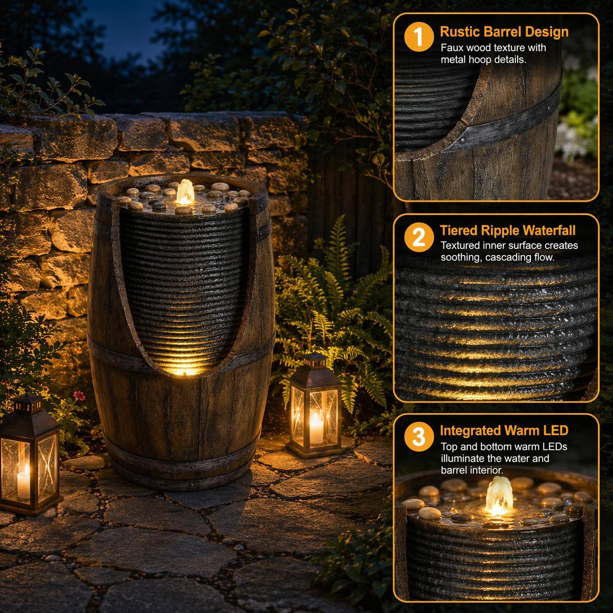 1. Rustic Barrel Design: Faux wood texture with metal hoop details.
2. Tiered Ripple Waterfall: Textured inner surface creates soothing, cascading flow.
3. Integrated Warm LED: Top and bottom warm LEDs illuminate the water and barrel interior.
