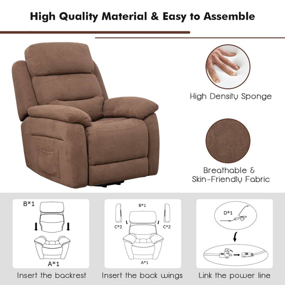 High Quality Material & Easy to Assemble

High Density Sponge
Breathable & Skin-Friendly Fabric

B*1
A*1

Insert the backrest

B*1
C*2
A*1

Insert the back wings

D*1

Link the power line
