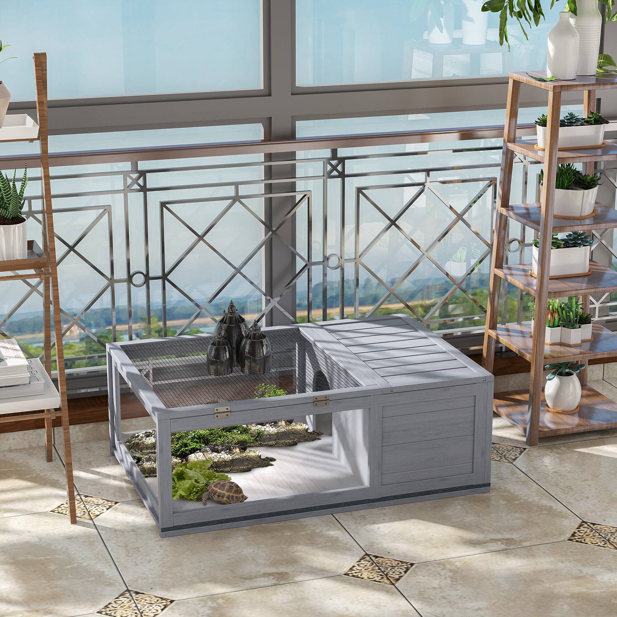 Alt View 4. Pawhut - Wooden Tortoise House Indoor Turtle Habitat Enclosure Outdoor Reptile Cage for Lizards, Geckos.