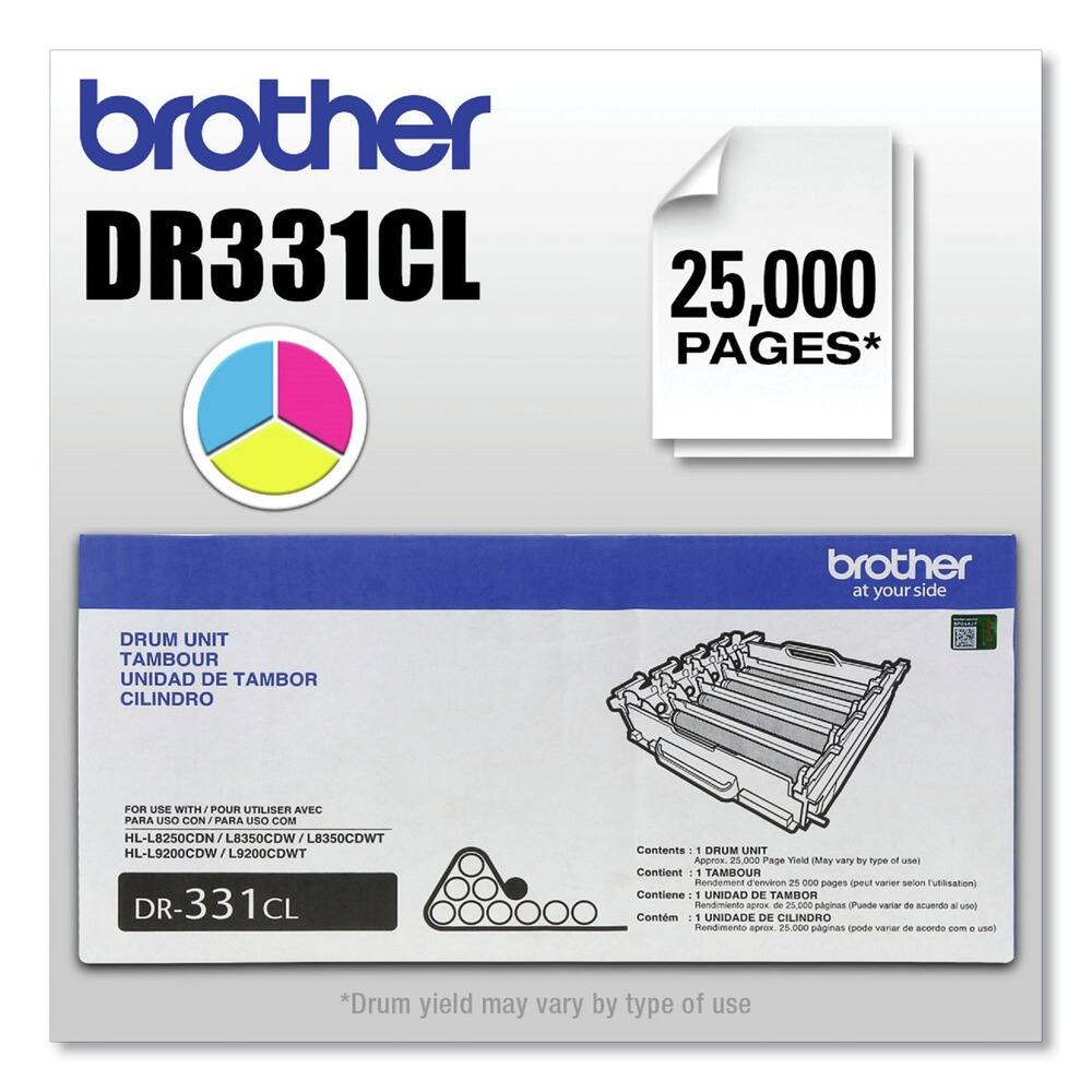 **Brother DR331CL**

**25,000 Pages***

**Drum Unit**

- **Tambour**
- **Unidad de tambor**
- **Cilindro**

**For use with:**
- HL-L8250CDN
- L8350CDW
- L8350CDWT
- HL-L9200CDW
- L9200CDWT

**Contents:**
- 1 Drum Unit

**Approx. 25,000 Page Yield (May vary by type of use)**

- **Contenido: 1 Tambor**
- **Contiene: 1 Unidad de tambor**
- **Contem: 1 Unidade de cilindro**

**Rendimiento aproximado 25,000 páginas (puede variar de acuerdo con el uso)**

*Drum yield may vary by type of use*