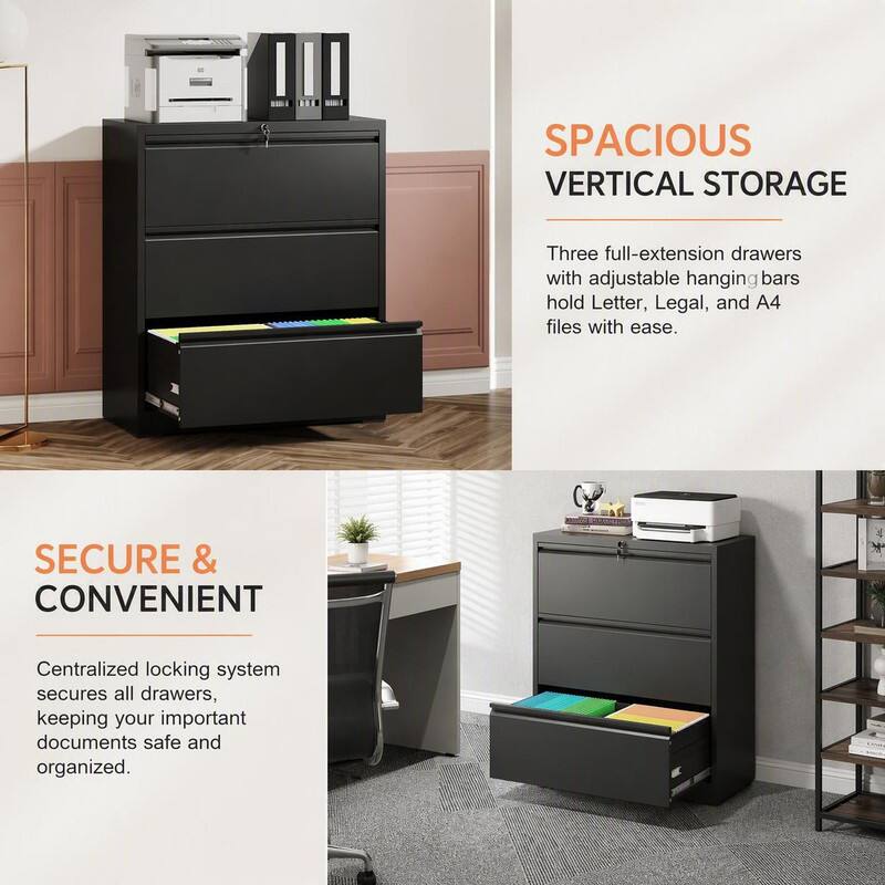 SPACIOUS VERTICAL STORAGE  
Three full-extension drawers with adjustable hanging bars hold Letter, Legal, and A4 files with ease.  

SECURE & CONVENIENT  
Centralized locking system secures all drawers, keeping your important documents safe and organized.