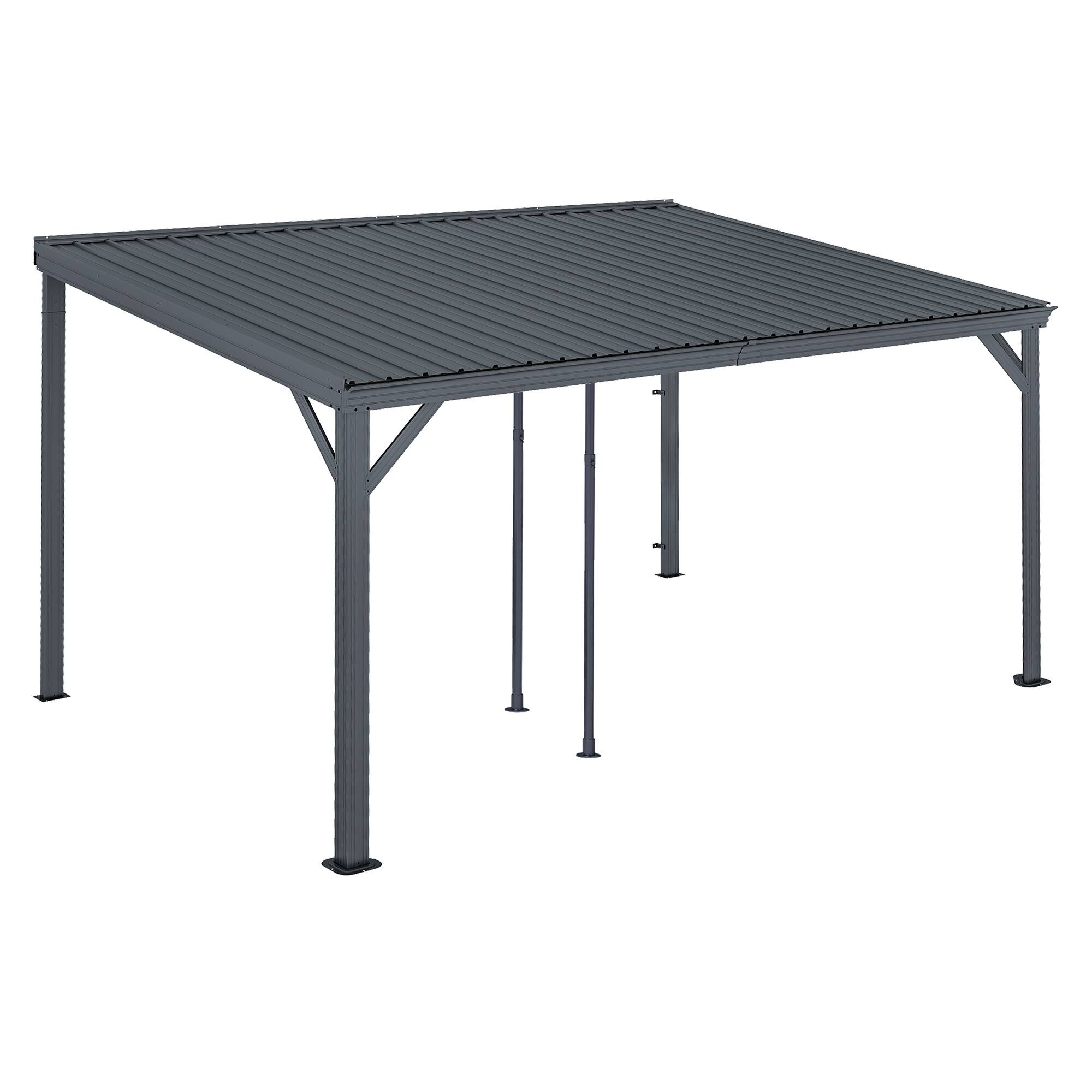 Alt View 4. Mondawe - 10x14FT Lean to Gazebo Hardtop，Expandable Wall Mounted Pergola，Gutters & Galvanized Steel Roof - Grey.