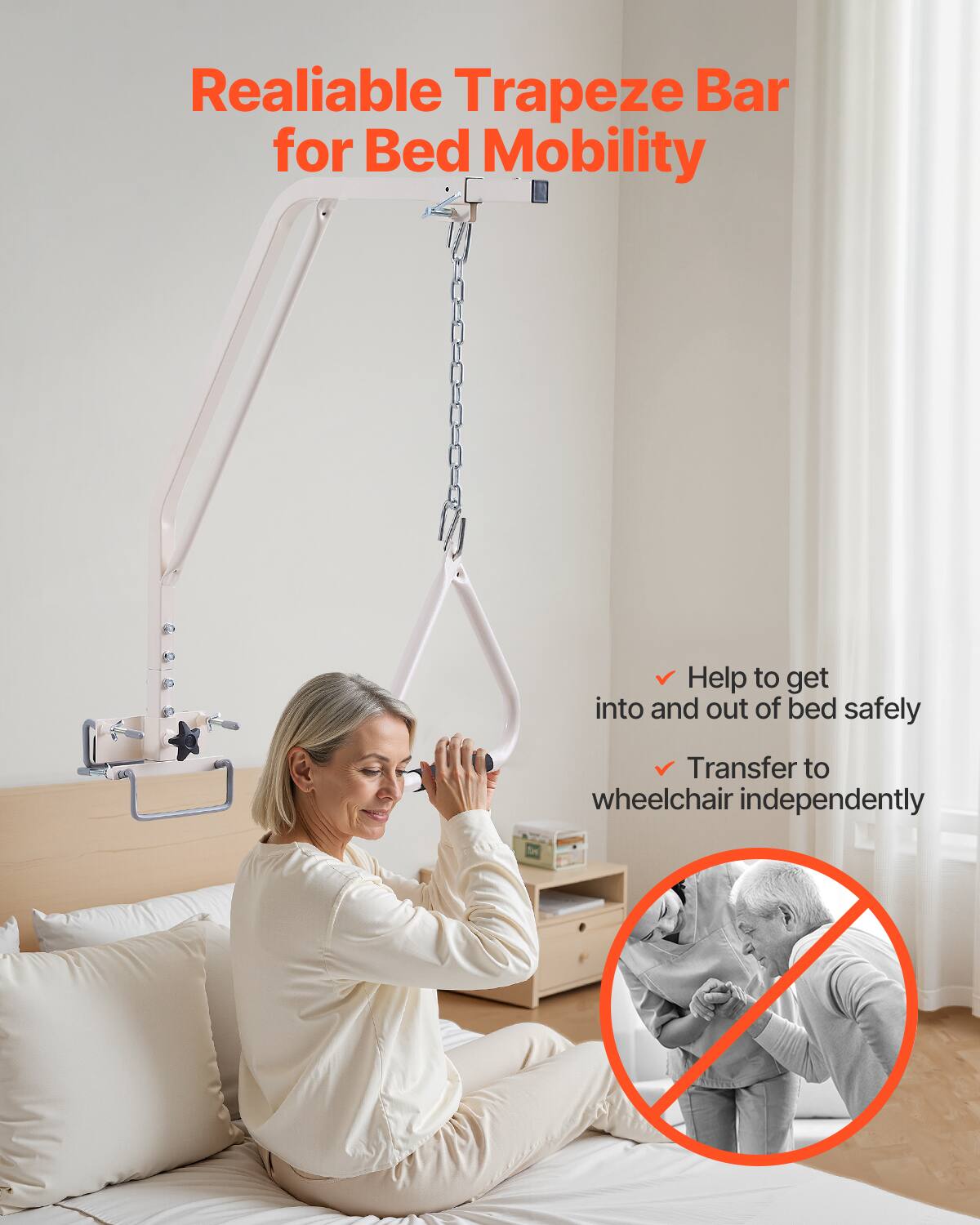 Reliable Trapeze Bar for Bed Mobility

- Help to get into and out of bed safely
- Transfer to wheelchair independently