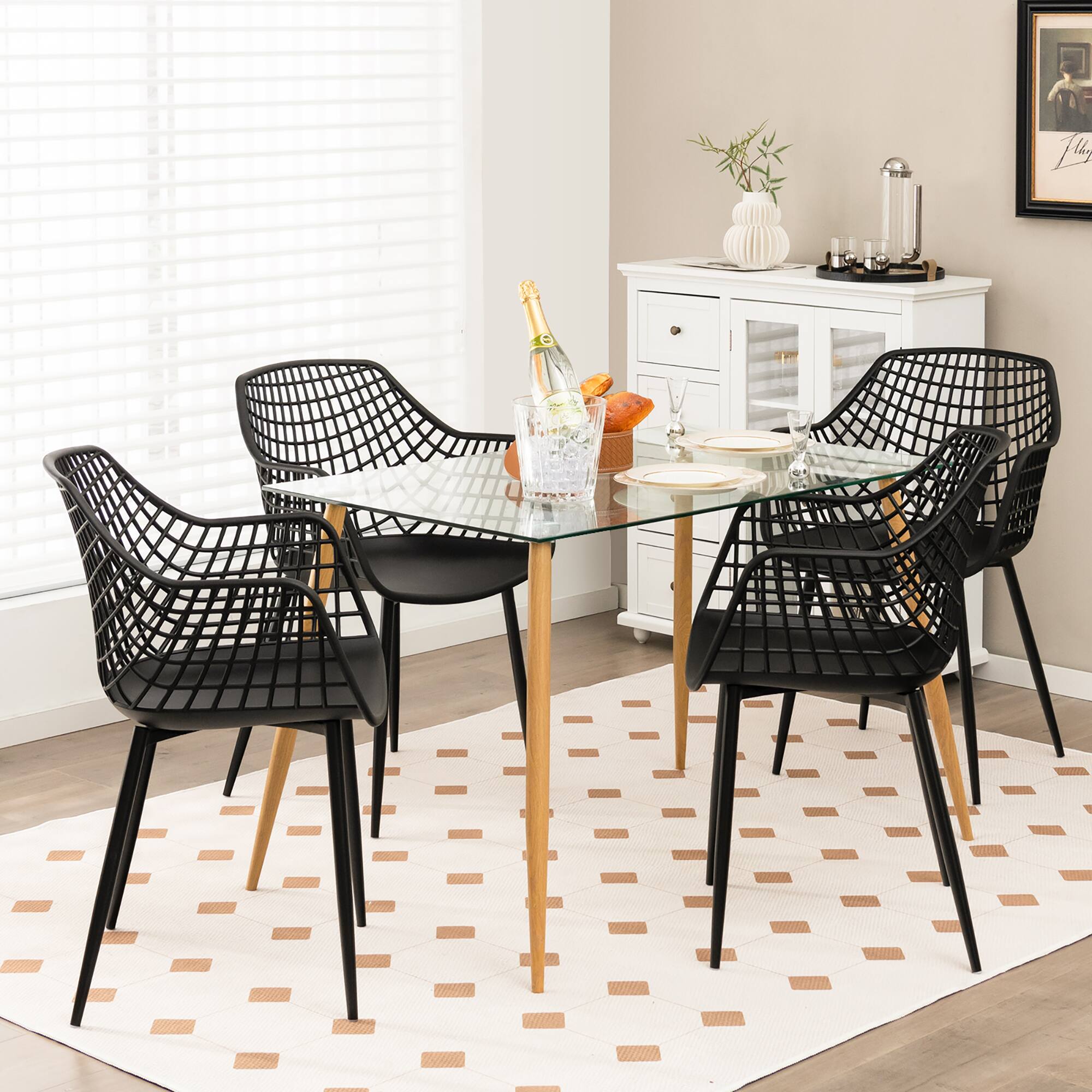 Alt View 1. Costway - Costway Modern Dining Chair Set of 4 Plastic Shell Hollow withMetal Legs for Living Room - Black.