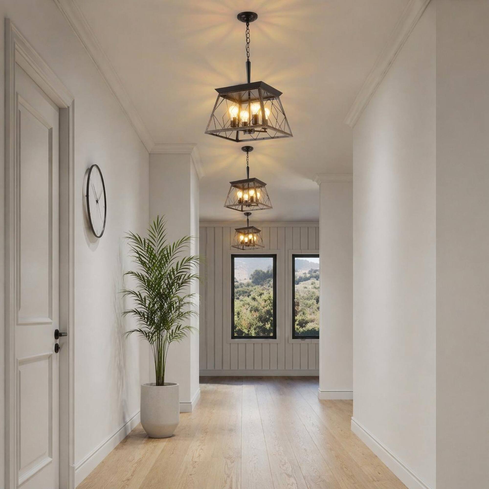 Back. RYHNUYNE - 16-Inch Industrial Black and Gold 4-Light Pendant Chandelier with Metal Cage Shade, Adjustable Chain for Kitchen Island.