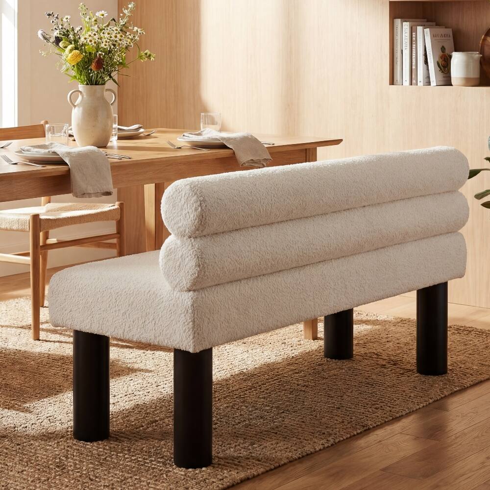 Back. Ropilly - Ropilly Beige Upholstered Dining Bench with Backrest, Fabric End of Bed Entryway Ottoman, Rubber Wood Legs - Beige.