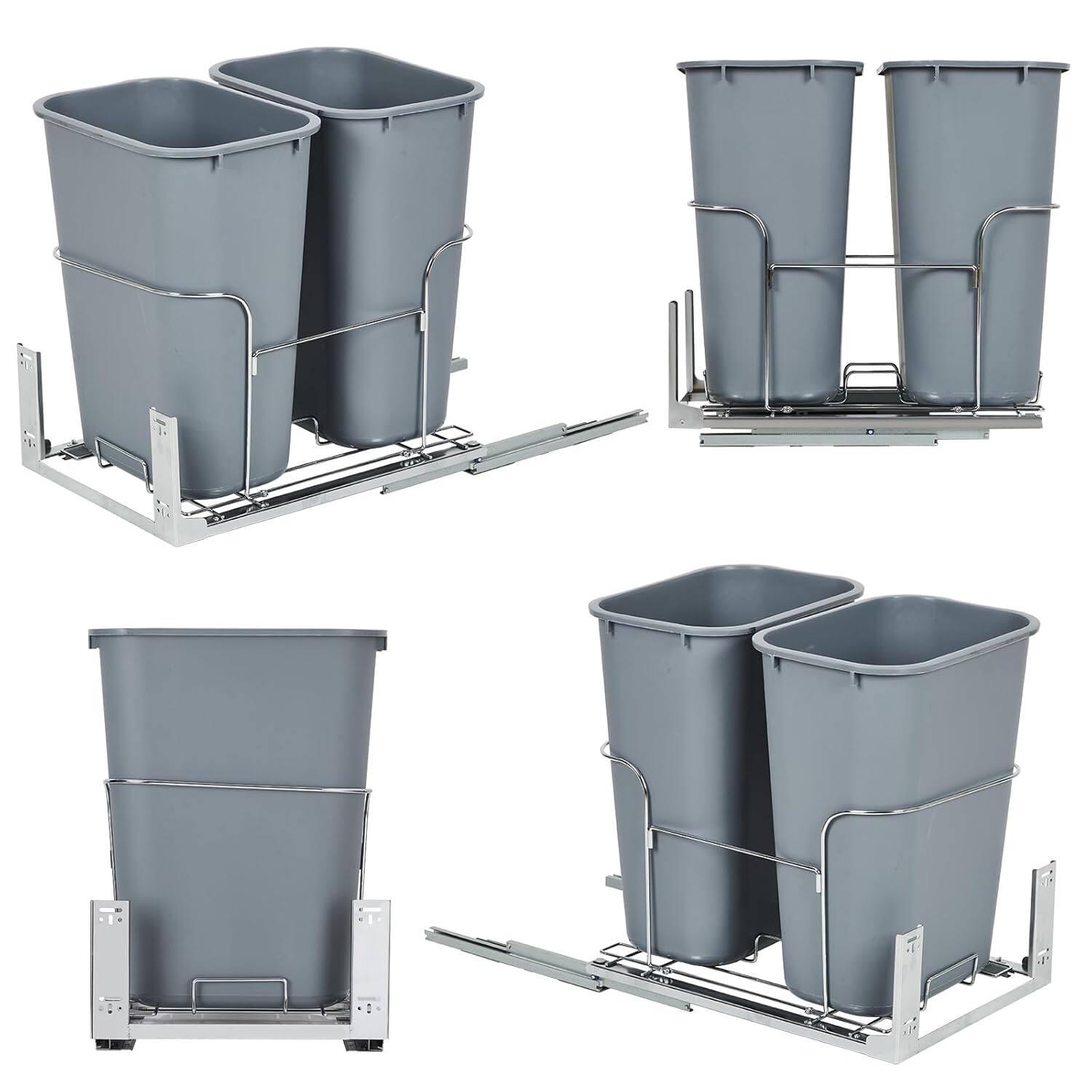 Angle. Jojoka - Pull-Out Double Trash Can for Kitchen Cabinet with Soft-Close Slides, Eco-Friendly & Pet-Proof, Under-Sink Storage - Gray.