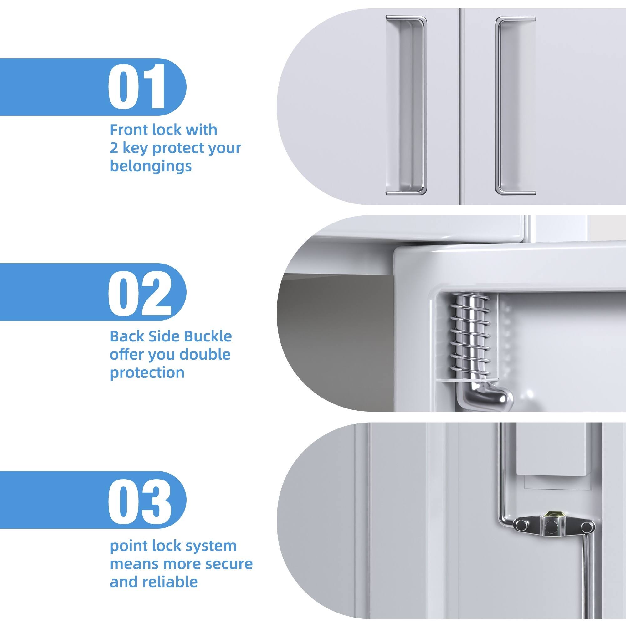 01 Front lock with 2 key protect your belongings  
02 Back Side Buckle offer you double protection  
03 point lock system means more secure and reliable