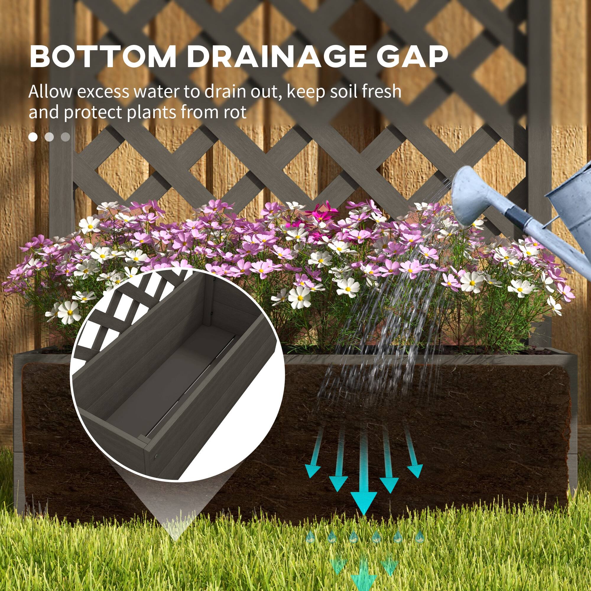 BOTTOM DRAINAGE GAP  
Allow excess water to drain out, keep soil fresh and protect plants from rot