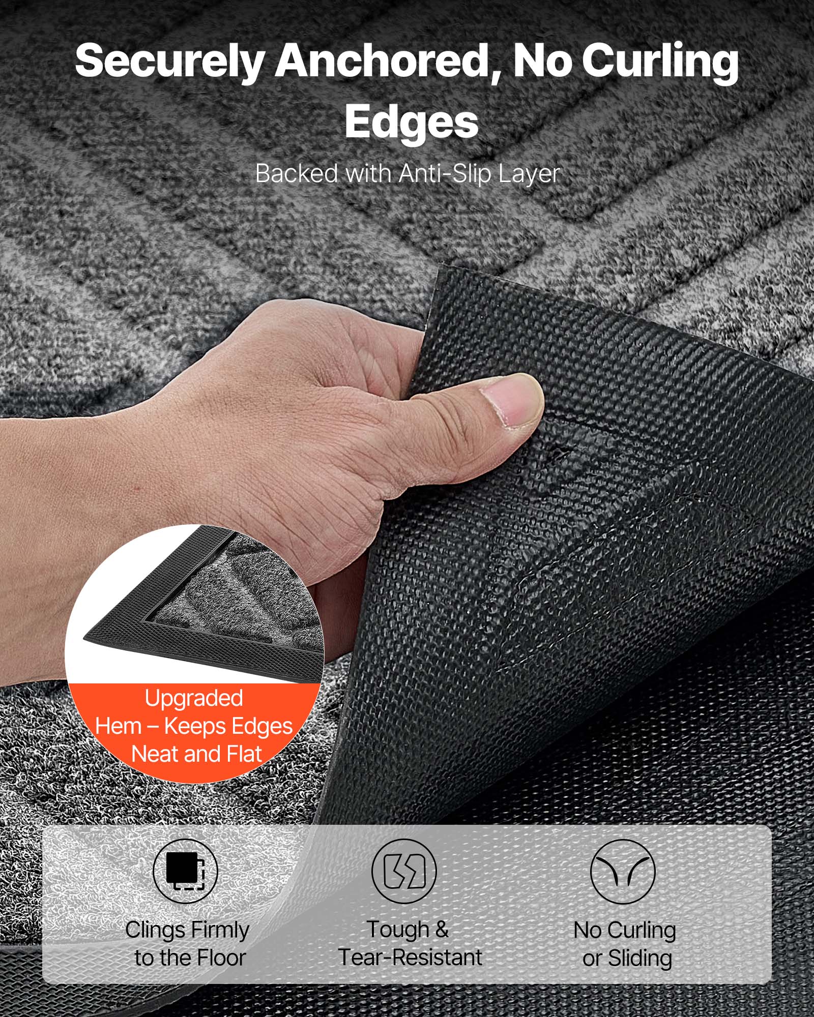 Securely Anchored, No Curling Edges  
Backed with Anti-Slip Layer  

Upgraded Hem – Keeps Edges Neat and Flat  

Clinging Firmly to the Floor  
Tough & Tear-Resistant  
No Curling or Sliding