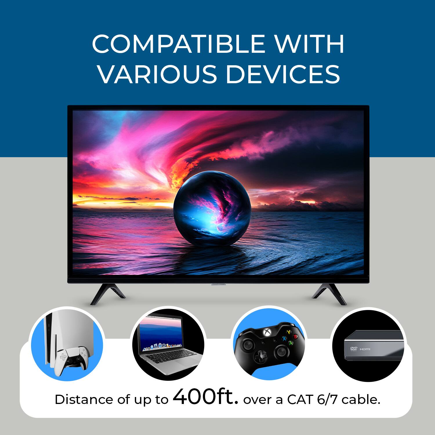 COMPATIBLE WITH VARIOUS DEVICES

Distance of up to 400ft. over a CAT 6/7 cable.