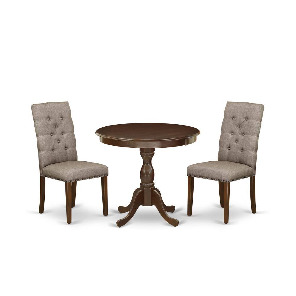Alt View 3. East West Furniture - AMEL3-MAH-16 3 Piece Dining Table Set - 1 Dinner Table and 2 Dark Khaki Upholstered Chairs - Mahogany Finish - Mahogany.