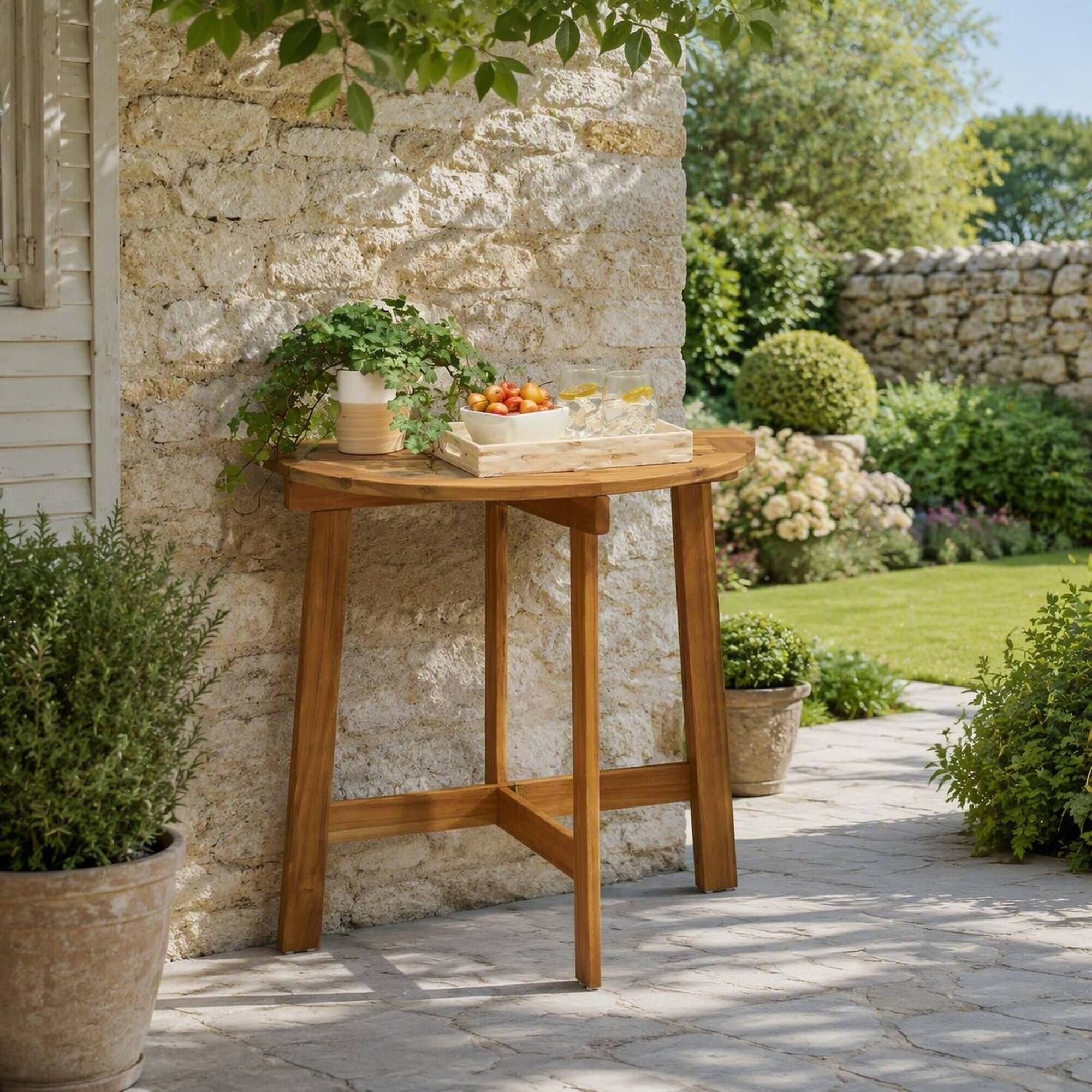 Angle. RYHNUYNE - Outdoor Half-Round Folding Acacia Wood Bistro Table,Weather Resistant Space-Saving Side Table for Patio Balcony Porch - Natural.