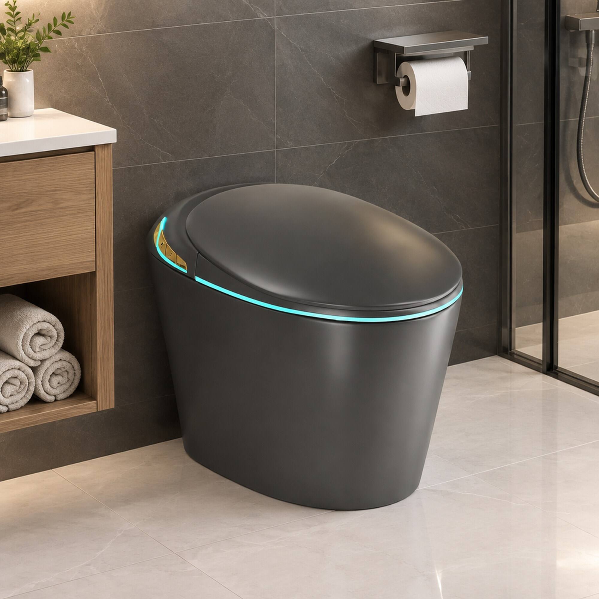 Back. RYHNUYNE - Unique One Piece Smart Bidet Toilet, Auto Open Close Seat Foot Sensor LED Display Night Light Warm Water Dryer In Grey - Grey.
