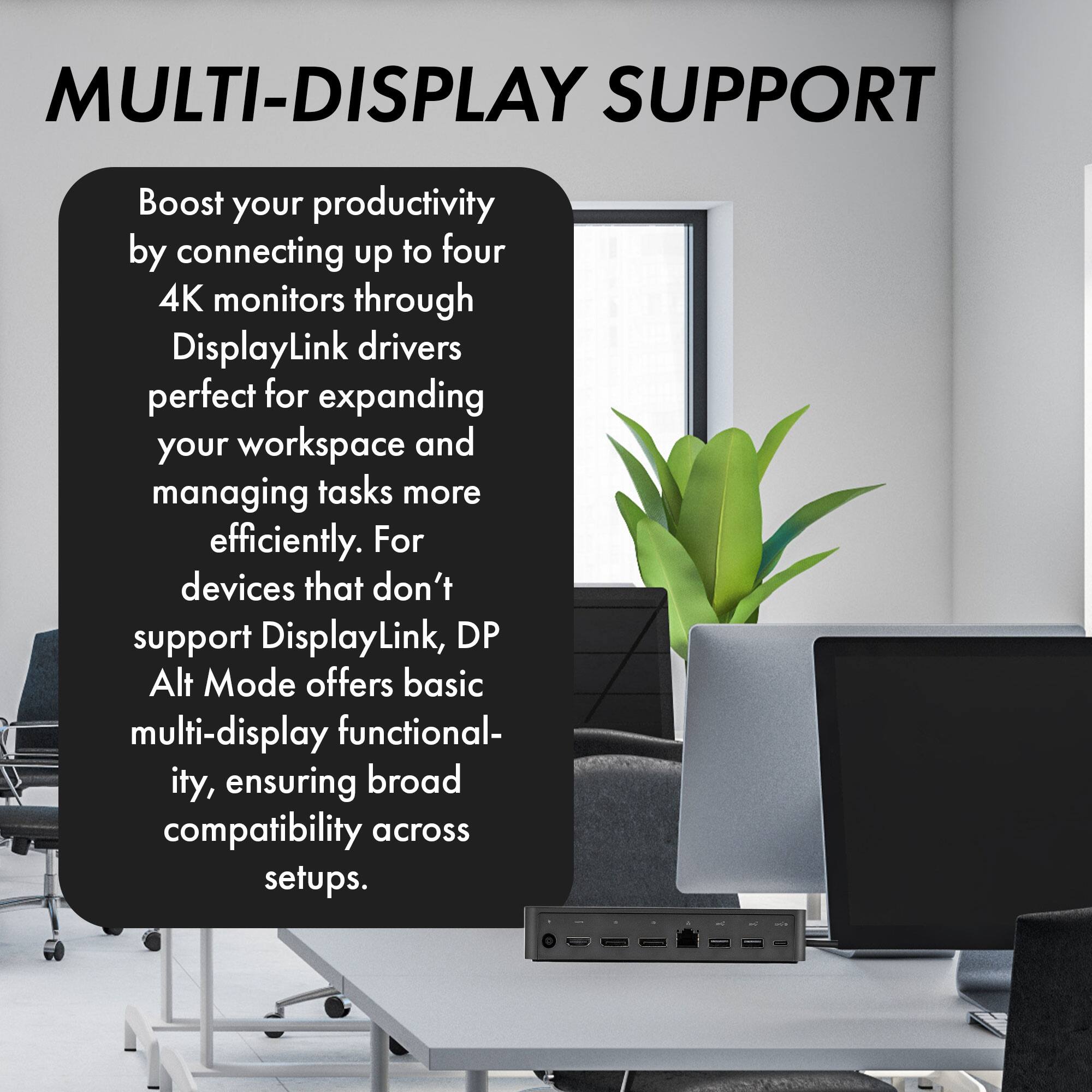 MULTI-DISPLAY SUPPORT

Boost your productivity by connecting up to four 4K monitors through DisplayLink drivers perfect for expanding your workspace and managing tasks more efficiently. For devices that don't support DisplayLink, DP Alt Mode offers basic multi-display functionality, ensuring broad compatibility across setups.