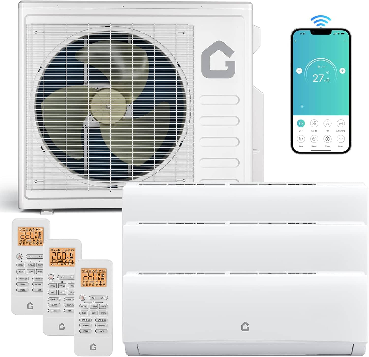 Babevy - 3 Zone 28000 BTU (9K+9K+18K) Mini Split AC/Heater, 20 SEER2 230V WiFi Alexa-Enabled