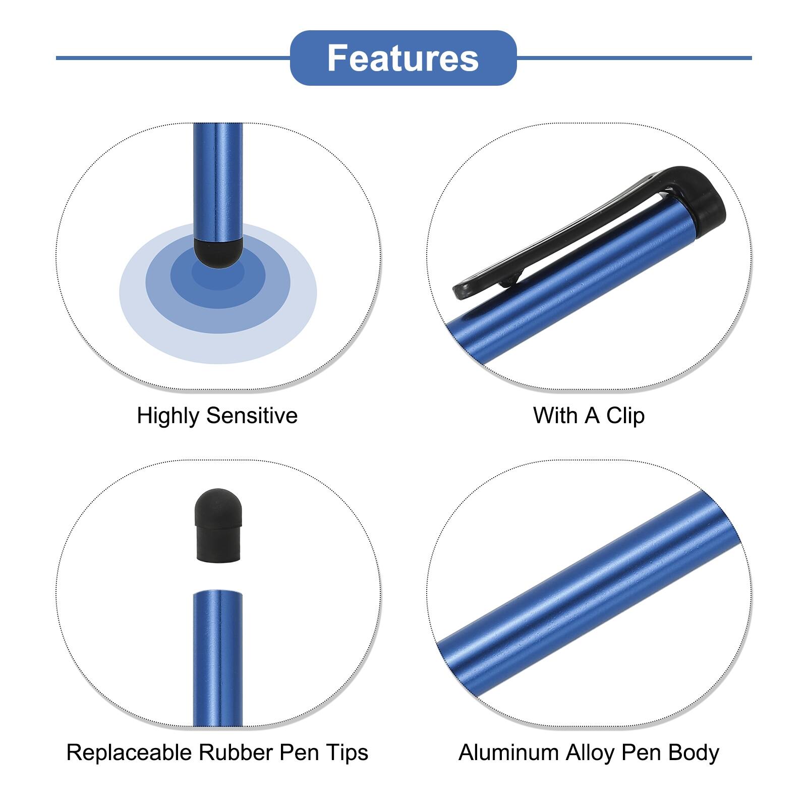 Features:
- Highly Sensitive
- With A Clip
- Replaceable Rubber Pen Tips
- Aluminum Alloy Pen Body