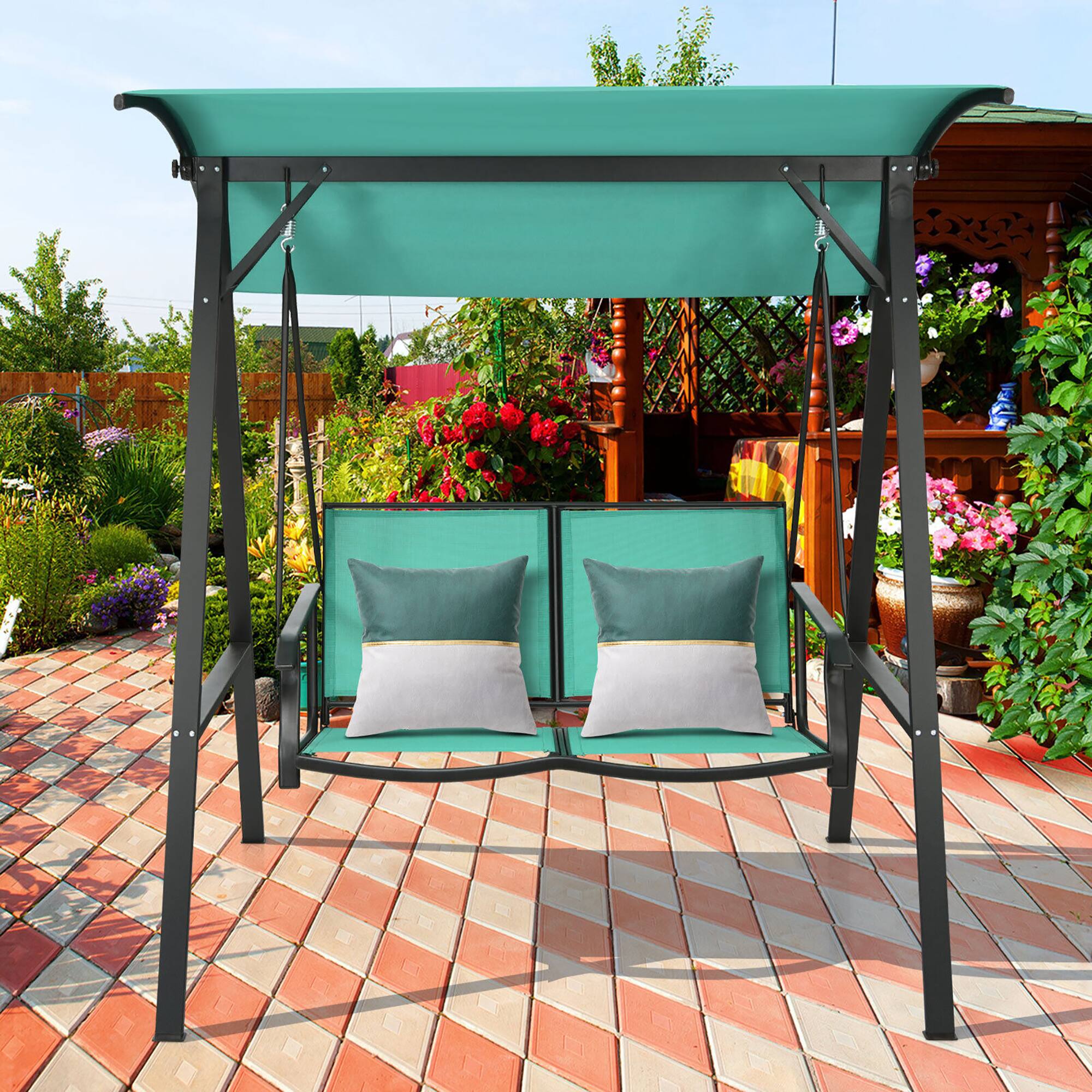 Alt View 9. Gymax - Gymax 2-Person Outdoor Patio Porch Swing Chair w/ Adjustable Canopy Turquoise - Turquoise.