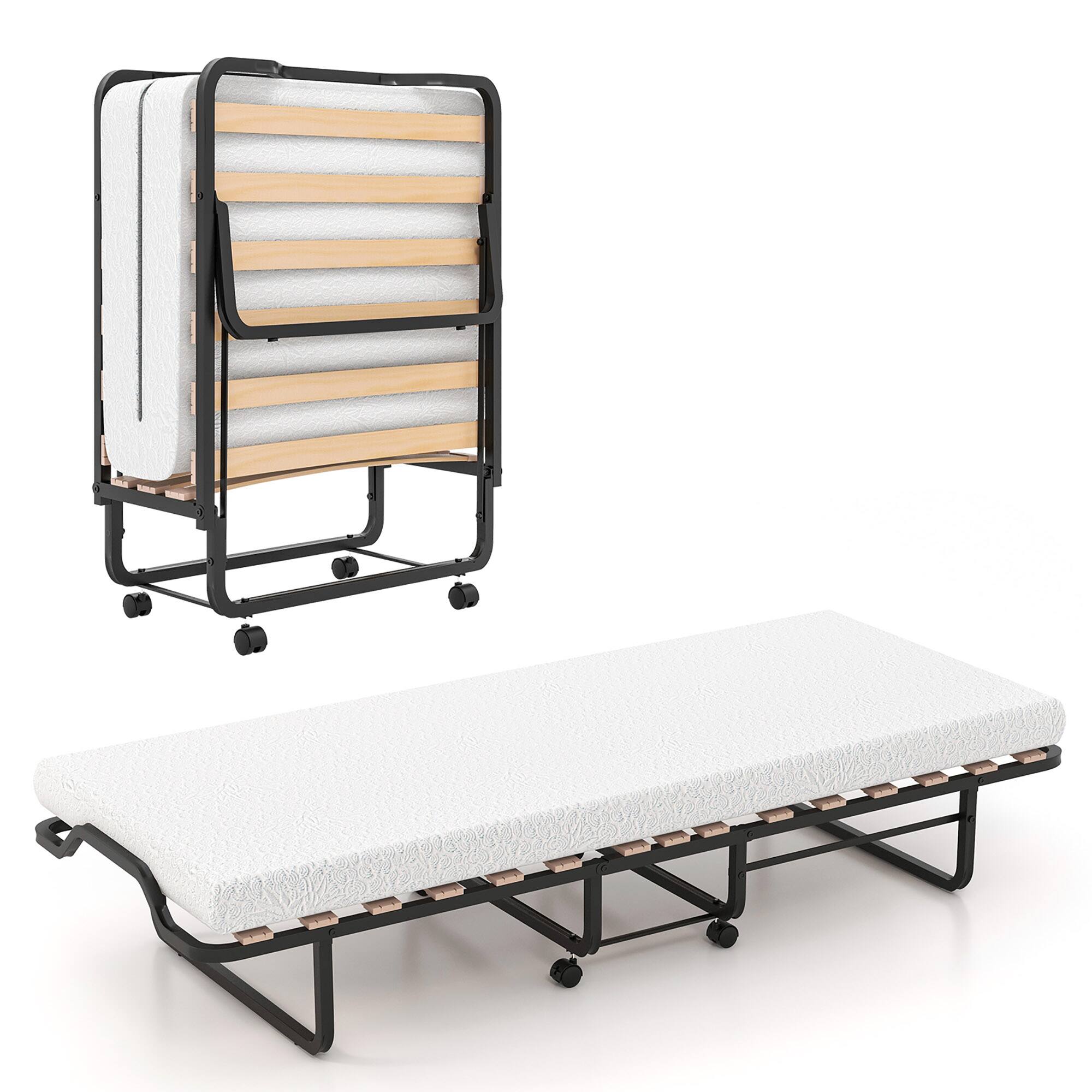 Alt View 3. Gymax - Gymax Portable Foldable Guest Bed w/ Solid Wood Slats & Metal Frame Rollaway Bed for Adults w/ Wheel - Black.