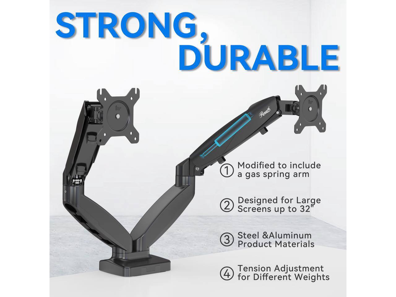 STRONG, DURABLE

1. Modified to include a spring arm
2. Designed for Large Screens up to 32"
3. Steel & Aluminum Product Materials
4. Tension Adjustment for Different Weights
