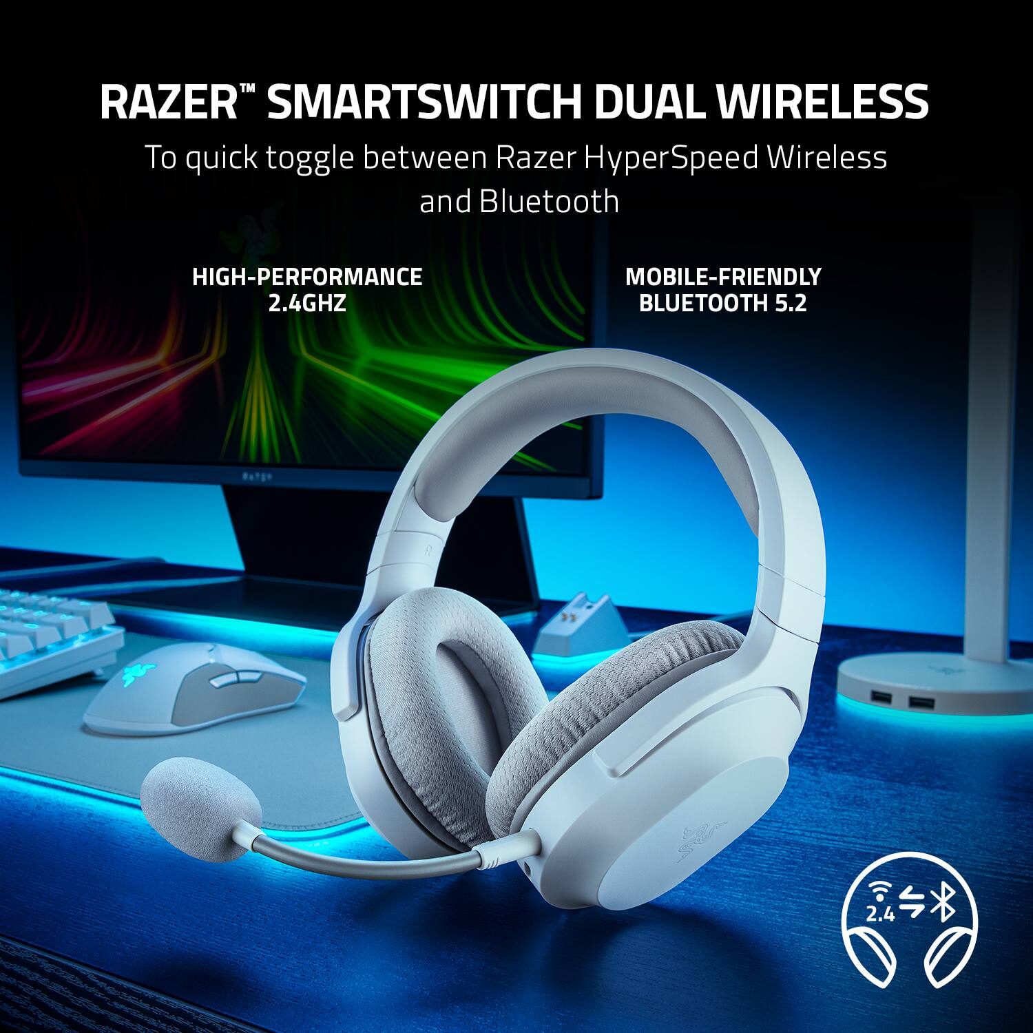 RAZER SMARTSWITCH DUAL WIRELESS: To quickly toggle between Razer HyperSpeed Wireless and Bluetooth, high-performance 2.4GHz, and mobile-friendly Bluetooth 5.2.