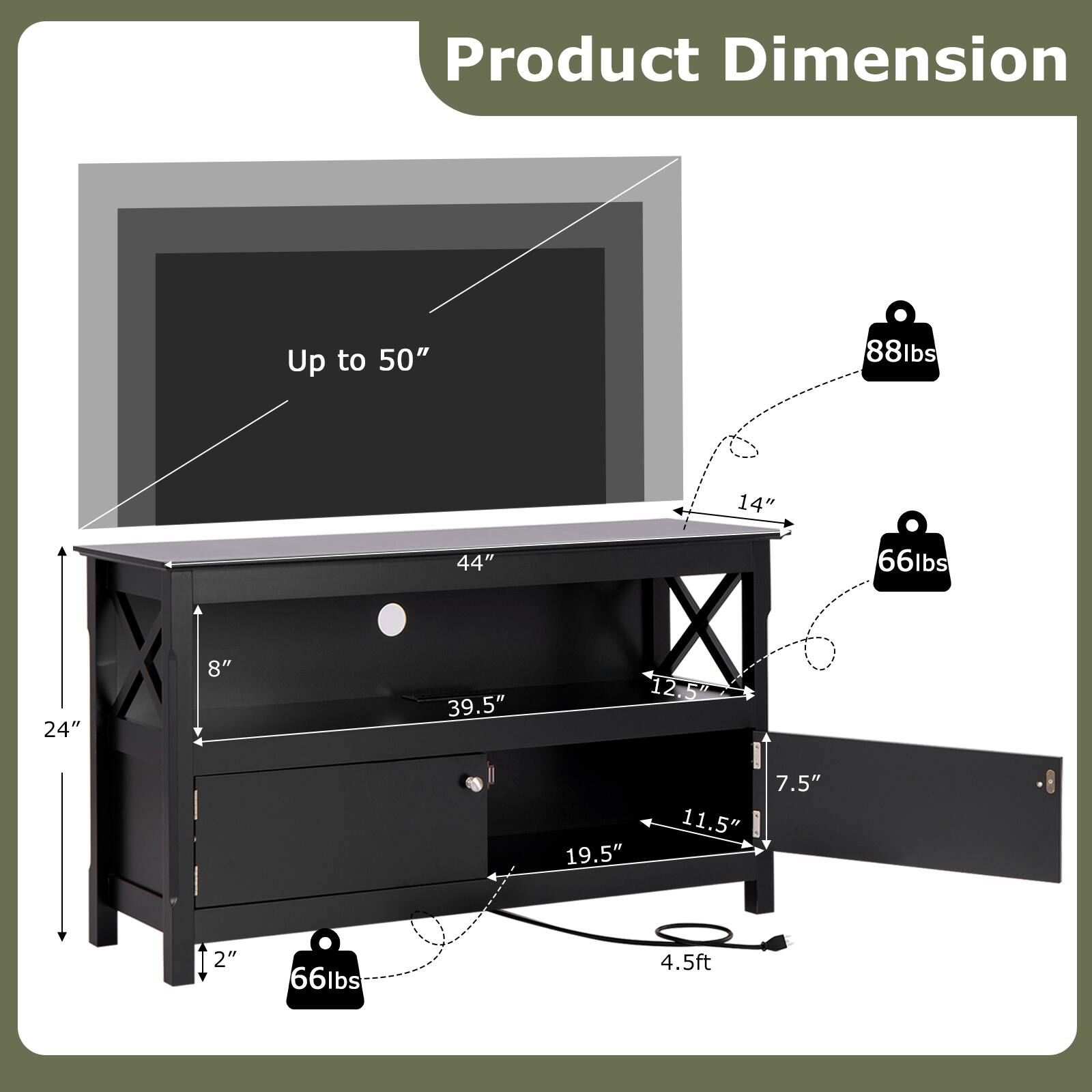 Product Dimension: Up to 50", 24", 8", 44", 39.5", 14", 12.5", 12", 19.5", 11.5", 7.5", 2", 4.5ft

Weight: 88lbs, 66lbs, 66lbs