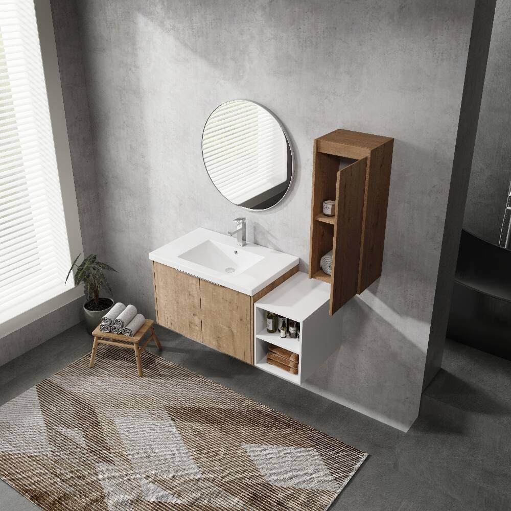 Alt View 4. Loheer - Loheer 42 inch wall mounted bathroom vanity Imitative Oak Floating Cabinet with Resin Sink - Imitative Oak.