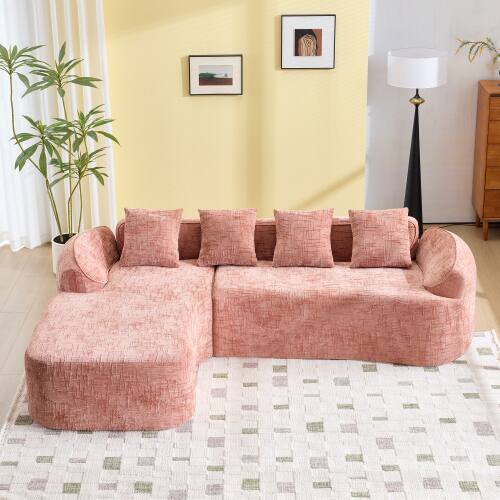 Angle. Anysun - Chenille L-Shape Compressed Sofa - High-Elastic Sponge, Curved Armrests & 4 Throw Pillows for Living Room - Pink.