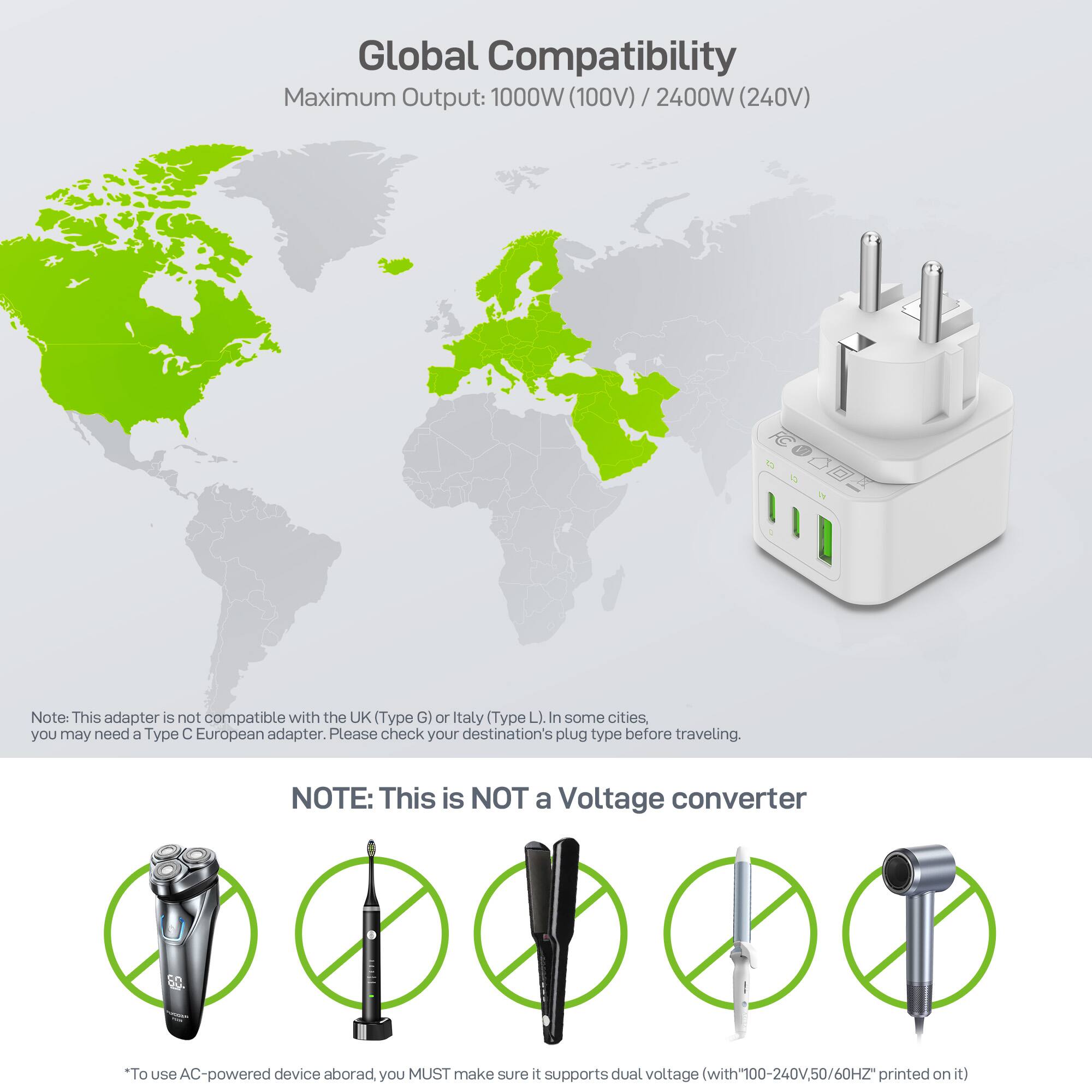 Global Compatibility  
Maximum Output: 1000W (100V) / 2400W (240V)

Note: This adapter is not compatible with the UK (Type G) or Italy (Type L). In some cities, you may need a Type C European adapter. Please check your destination's plug type before traveling.

NOTE: This is NOT a Voltage converter

*To use AC-powered device abroad, you MUST make sure it supports dual voltage with "100-240V, 50/60Hz" printed on it.