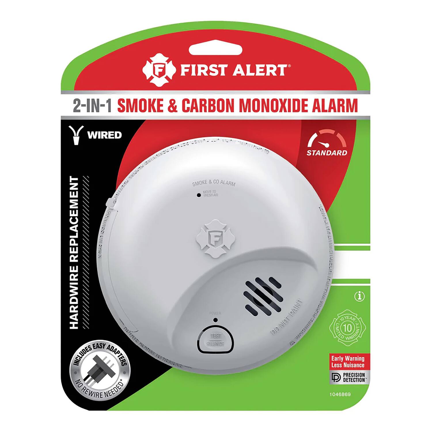 FIRST ALERT 2-IN-1 SMOKE & CARBON MONOXIDE ALARM WIRED HARDWIRE EASY INCLUDES ADAPTERS NO REWIRE NEEDED SMOKE & CARBON MONOXIDE ALARM MOVE 12 YEARS 182C31 RU STANDARD "sIT | L m 1 PAINT nt 1 DYEAR NT 10 D/O S CIAITED HARRANT C Early Warning Less Nuisance PRECISION DETECTION 1046869
